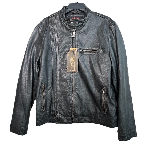 Andrew Marc Moto‎ Black Leather Jacket Coat Men's Size Large Biker Racing Flight - Picture 1 of 16